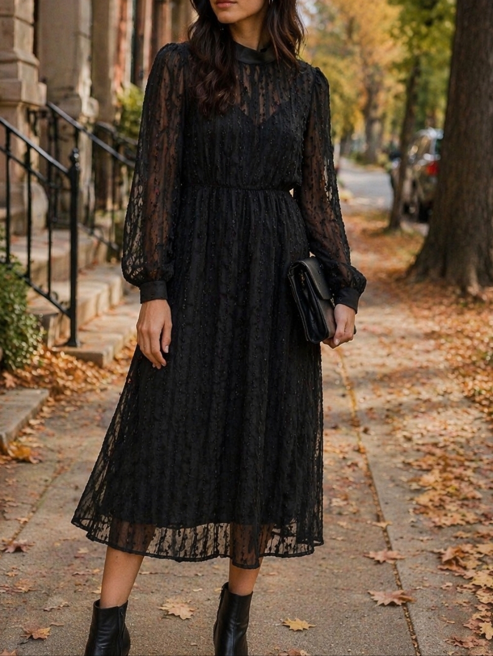 NWT Nümph Black Textured Midi Dress 2-in-1 Sheer Overlay Long Sleeve Romantic